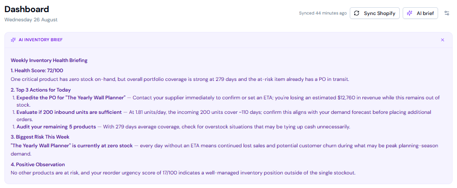 AI inventory brief listing a health score, top three actions for today and the biggest risk this week